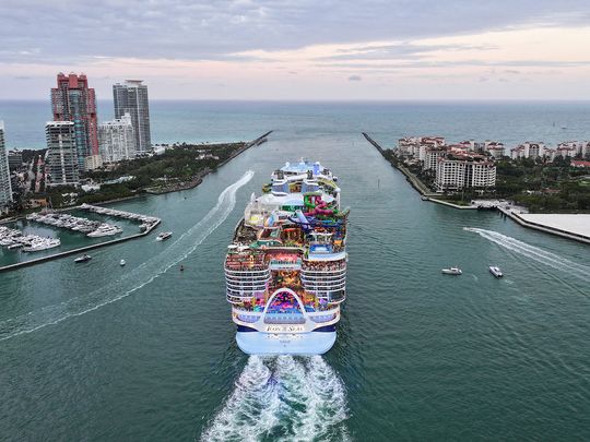 Rephrase the title:Royal Caribbean’s Icon of the Seas, world’s largest cruise ship, sets sail from Miami