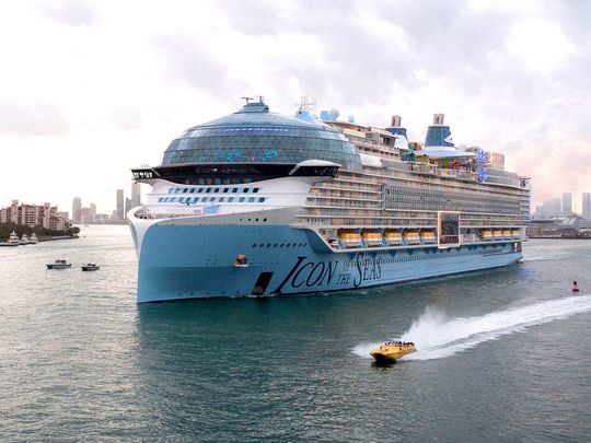 Rephrase the title:Photos: Royal Caribbean's Icon of the Seas, world's largest cruise ship, sets sail