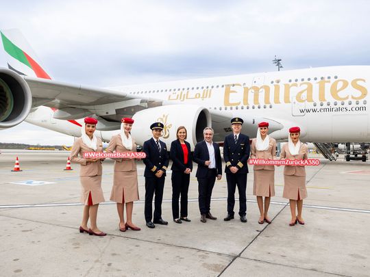 Rephrase the title:Emirates A380 returns to Austria after four-year break