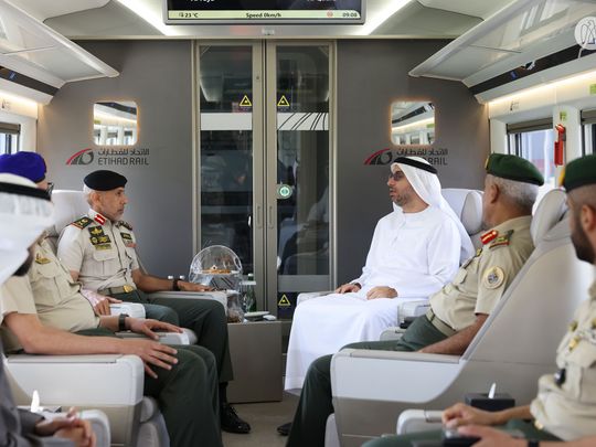 Rephrase the title:Abu Dhabi to Dubai: Sheikh Ahmed bin Tahnoun travels on Etihad Rail from Al Faya to Al Qudra